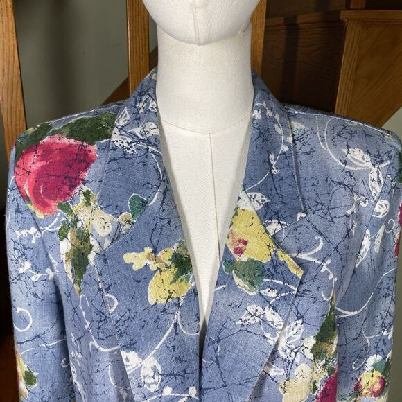 90s Y2K Danielle B Blue Woman 10 Floral Blazer Rayon Flax Cottagecore Career Art - Picture 2 of 10